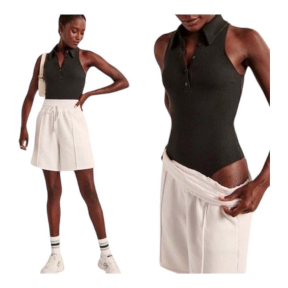 Abercrombie & Fitch Black Ribbed Polo Bodysuit Sz M Preppy Minimalist‎ Layering